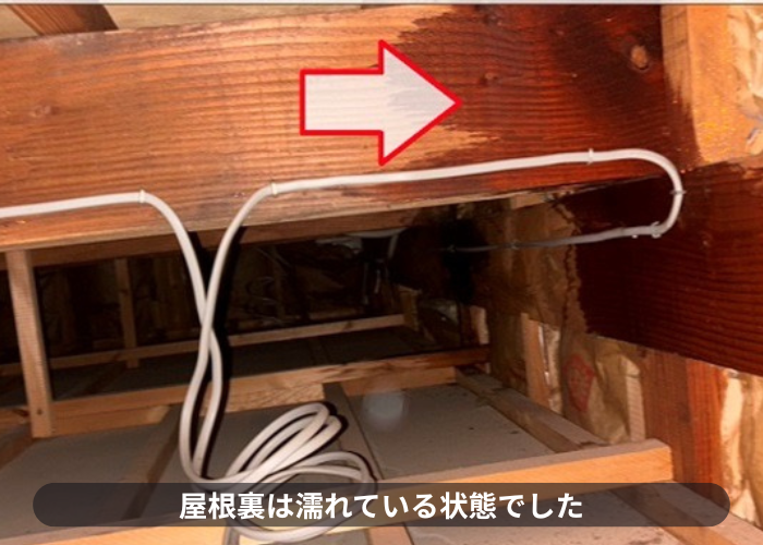 猪名川町　雨漏りの影響で屋根裏が濡れている様子