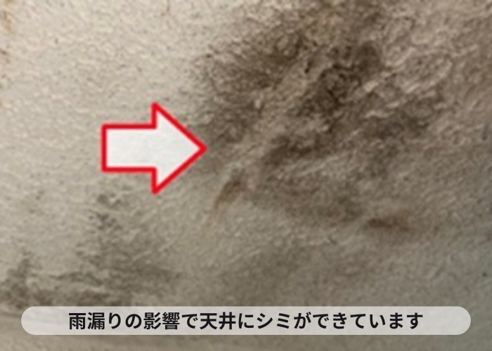 伊丹市　雨漏りの影響で増築部分の天井にシミが発生している様子