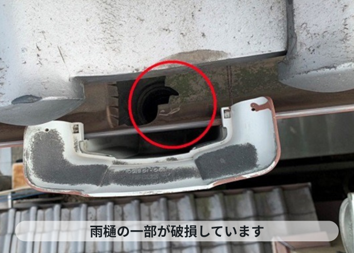 尼崎市　雨樋交換を行う前の雨樋にひび割れがある様子