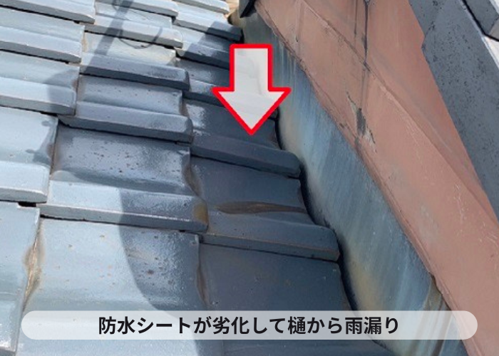 小野市　瓦屋根の防水シートが劣化して谷樋から雨漏りしている様子