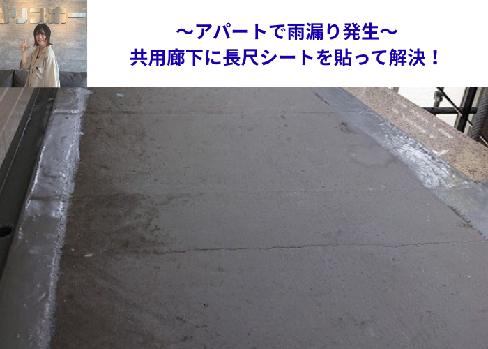 加西市　アパートの共用廊下へ長尺シートを貼る現場の様子