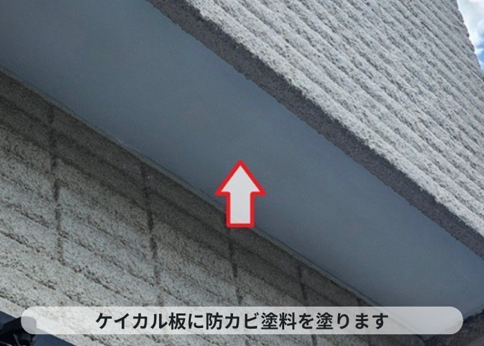芦屋市　剥がれた軒天に防カビ塗料を塗っている様子
