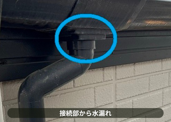 市川町で雨樋の修理交換としてオーバーフロー対策にＰＣ７７を使用する現場で樋から水漏れしている様子