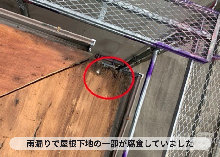 加西市　屋根下地が雨漏りの影響で一部腐食している様子