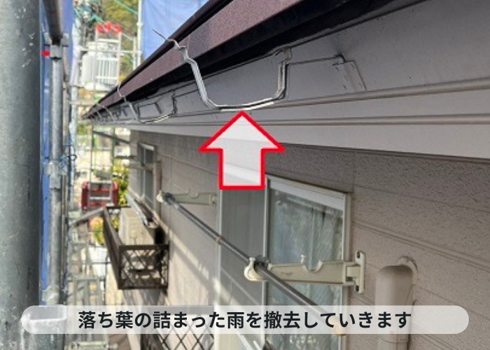 神戸市中央区　落ち葉の詰まった雨樋を撤去している様子