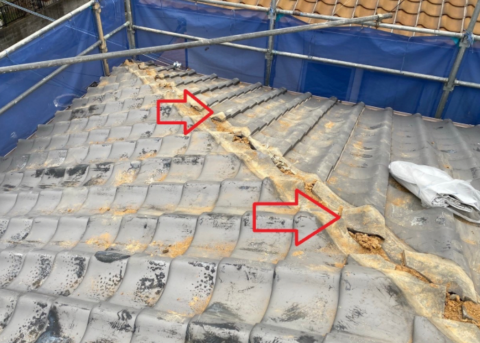 三木市　棟瓦を撤去して掃除した様子