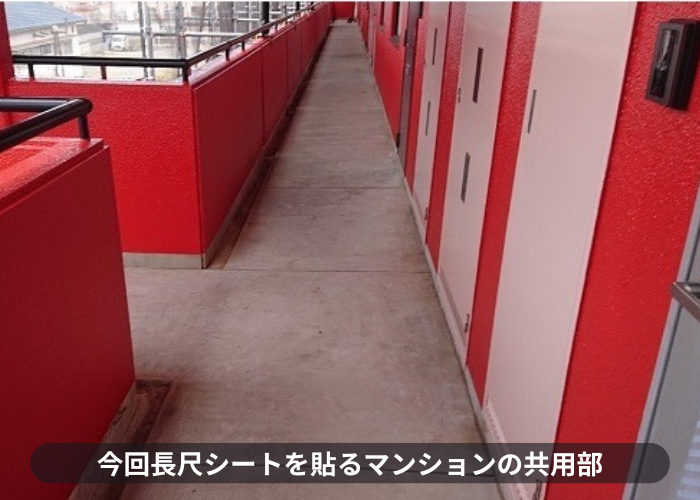 尼崎市　共用廊下・階段に長尺シートを貼る現場