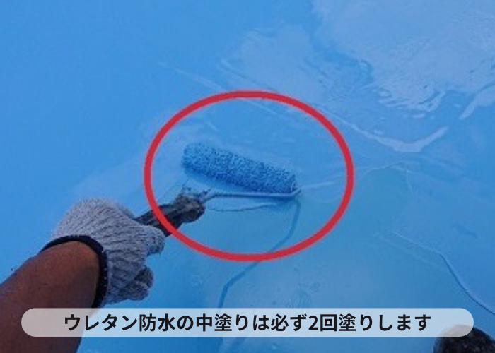 尼崎市　塩ビシート防水のメンテナンス工事でウレタン防水を中塗りしている様子