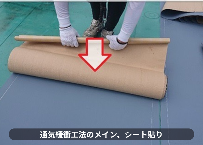 伊丹市　ウレタン防水通気緩衝工法のメインとなる通気シート貼り