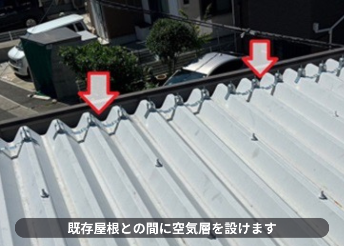 伊丹市　折板屋根へのカバー工事で下地を取り付けている様子