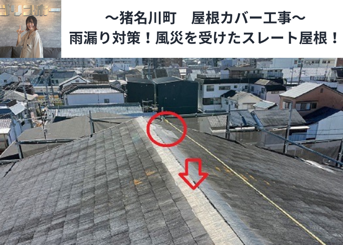 猪名川町　屋根カバー工事を行う前の風災を受けたスレート屋根