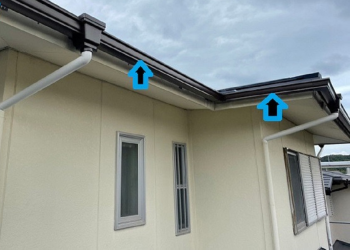 市川町　苔が溜まって水漏れしている雨樋交換を行う前の様子