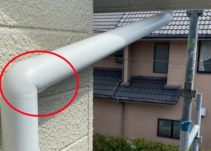 神戸市灘区　雨樋交換でエルボを使用した様子