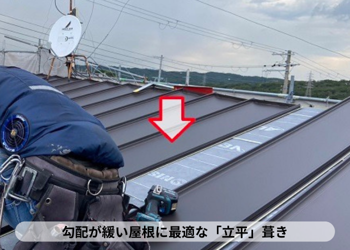 三木市　屋根勾配が緩い屋根に立平を葺いている様子