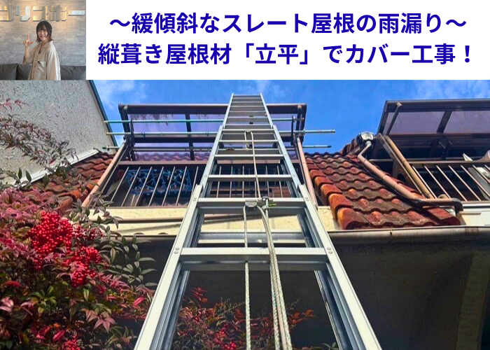 丹波篠山市 雨漏りしている緩傾斜なスレート屋根へ縦葺き屋根材立平を用いてカバー工事した現場の様子