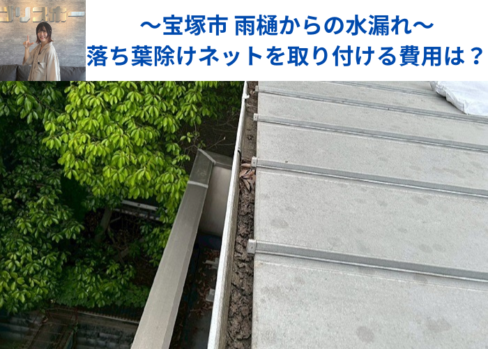 宝塚市 雨樋からの水漏れを解消するために落ち葉除けネットを取り付ける現場の様子