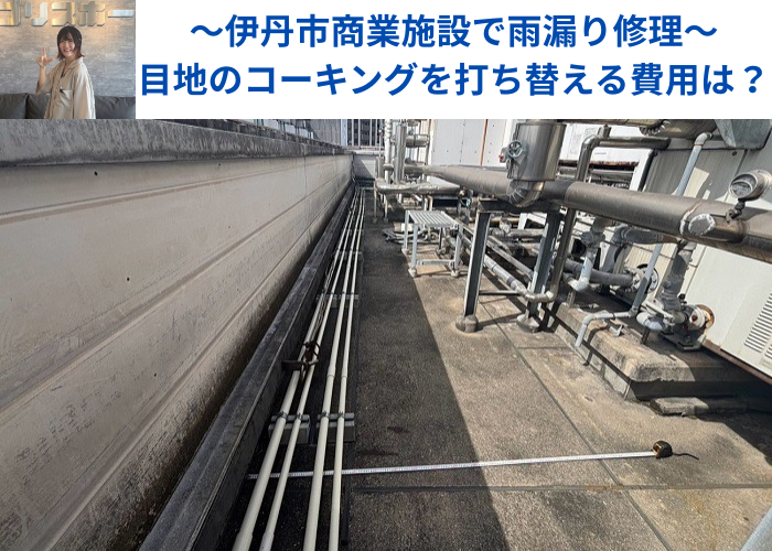 伊丹市で商業施設の雨漏り修理として目地のコーキングを打ち替える現場の様子