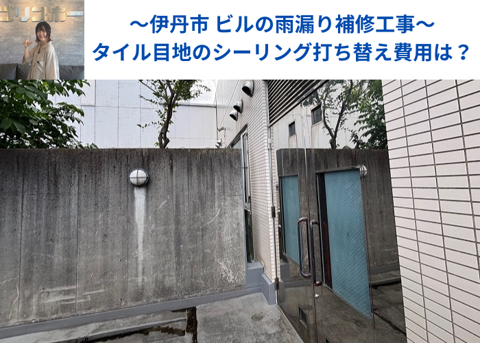 伊丹市でビルの雨漏り補修として外壁タイル目地のシーリング打ち替えを行った現場の様子