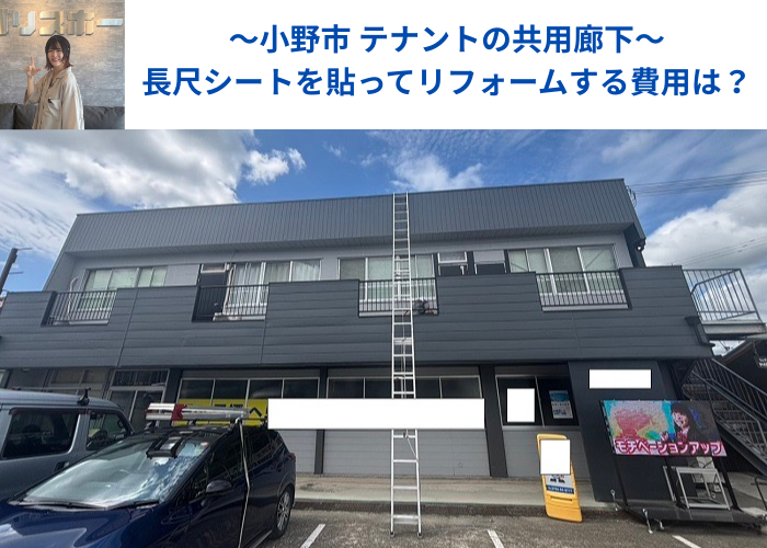 小野市でテナントの共用廊下に長尺シートを貼ってリフォームする現場の様子