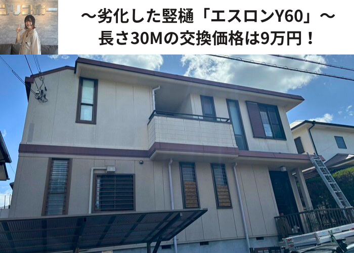 丹波篠山市　劣化した竪樋エスロンY６０を交換する現場の様子