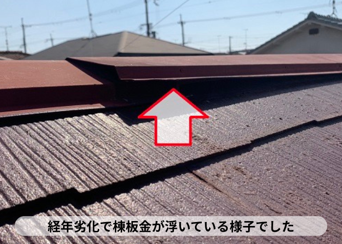 経年劣化でカラーベスト屋根の棟板金が浮いている状態でした