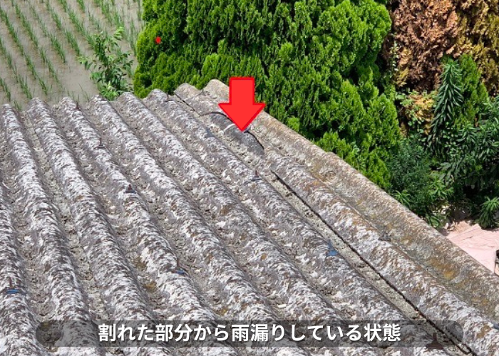 西脇市　工場のスレート屋根から雨漏りしている様子