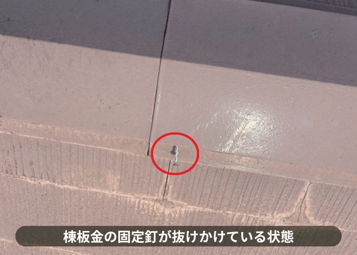 北区　棟板金の固定釘が抜けかけている状態