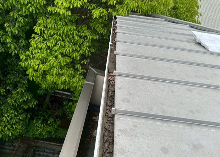 宝塚市 雨樋からの水漏れを解消するために落ち葉除けネットを取り付ける前の様子
