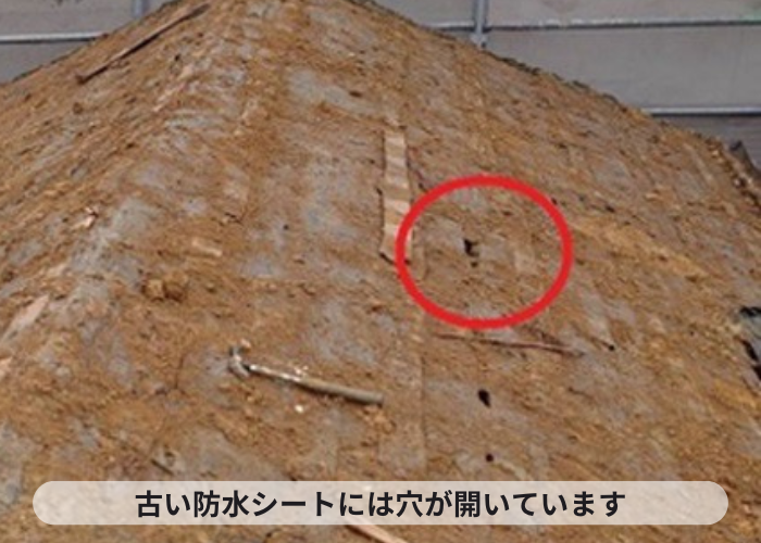 猪名川町　瓦屋根の防水シートに穴が開いている様子